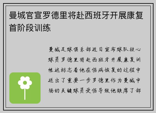 曼城官宣罗德里将赴西班牙开展康复首阶段训练 曼城官宣罗德里将赴西班牙开展康复首阶段训练